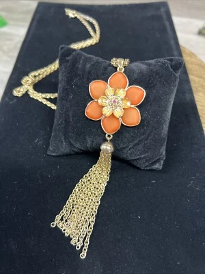 Винтажный оранжевый цветок подвеска ожерелье золотистый эмаль со стразами длинная цепочка - Изображение 1 из 4