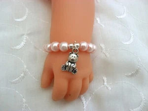 DOLLS PINK TEDDY BEAR BRACELET FOR BABY BORN BABY ANNABELL REBORN OOAK 15-19" - Picture 1 of 1