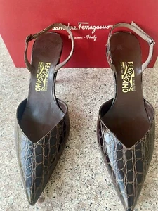 Nuevo Salvatore Ferragamo Marrón Cocodrilo Slingback 3.5" Stiletto Bombas 10.5 B - Imagen 1 de 7