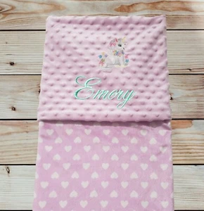 Personalized Embroidered Unicorn Design Pink Dot Minky w/ Heart Minky Blanket - Picture 1 of 4