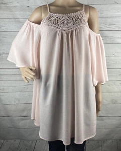 Blusa Lucky & Coco piccola rosa pallido 100% rayon spalle fredde oversize BOHO chic - Foto 1 di 12