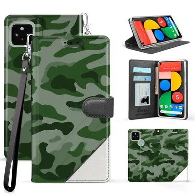 FUNDA BILLETERA IDENTIFICACIÓN CUERO NEGRO CAMUFLAJE VERDE PARA GOOGLE PIXEL 5 5G 6" Foto 1 de 3