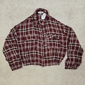 HYFVE Cuttest Cropped Flannel Burgandy Womens Medium Long Sleeve Button Up - Picture 1 of 8