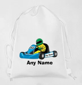 Personalised Go Cart Racing Print WHITE Kids Childs School Sport Gym PE Bag - Picture 1 of 5