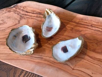 Three Decorative Florida Oyster Shell Ring Dishes - White & Gold, Beach Decor - Image 1 of 4