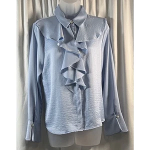 Zara Ruffled Faux Satin Blouse Blue Pearl Buttons Classic L coquettish 80-57 - Picture 1 of 16