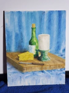 Cheese & Wine Painting 10x8 Oil On Panel Still Life Small Kitchen Decor - Picture 1 of 7