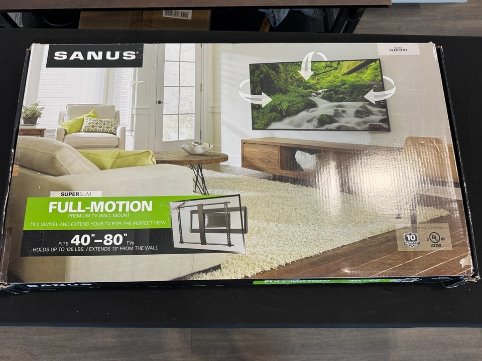 NEW Sanus VLF613-B1 Full-Motion TV Wall Mount 40”-80” – Slim Profile, Sealed Box - Image 1 of 1