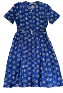 Vtg 80’s Liz Claiborne Blue Floral Tea Dress 14 Shoulder Pad Cottagecore Buttons - Picture 1 of 15