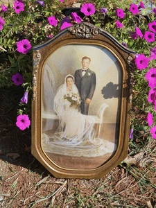 Antik Vintage Blase konvex Glas Hochzeit Braut Bräutigam Paar verziert coloriert 18" - Bild 1 von 12