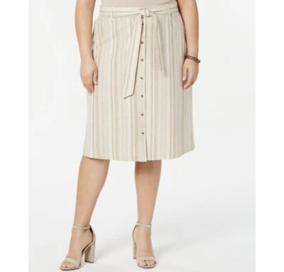 Falda midi a rayas beige con cinturón Bar III para mujer talla 10 botones delanteros @ Foto 1 de 4