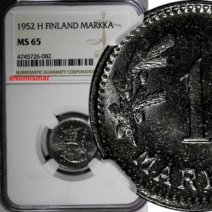 FINLAND Iron 1952  H 1 Markka NGC MS65 BETTER DATE TOP GRADED BY NGC KM# 30b (2) - Picture 1 of 4