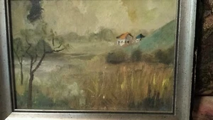 Minature" painting 1950* homes in woods^ signed. . 8×6inch.in - Picture 1 of 10