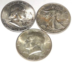 90% Silver Half Dollar Type Coins 1943, 1951-S and 1964 Lot W-25 - Picture 1 of 2
