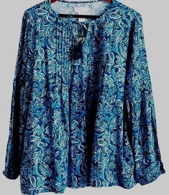 Blusa Campesina Stella Parker Top Talla Grande Azul Floral Brillante Manga Larga Foto 1 de 4