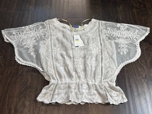 Democracy Top Women Sz Med Mineral Wash Crochet Butterfly Sleeve  Light Beige - Picture 1 of 12