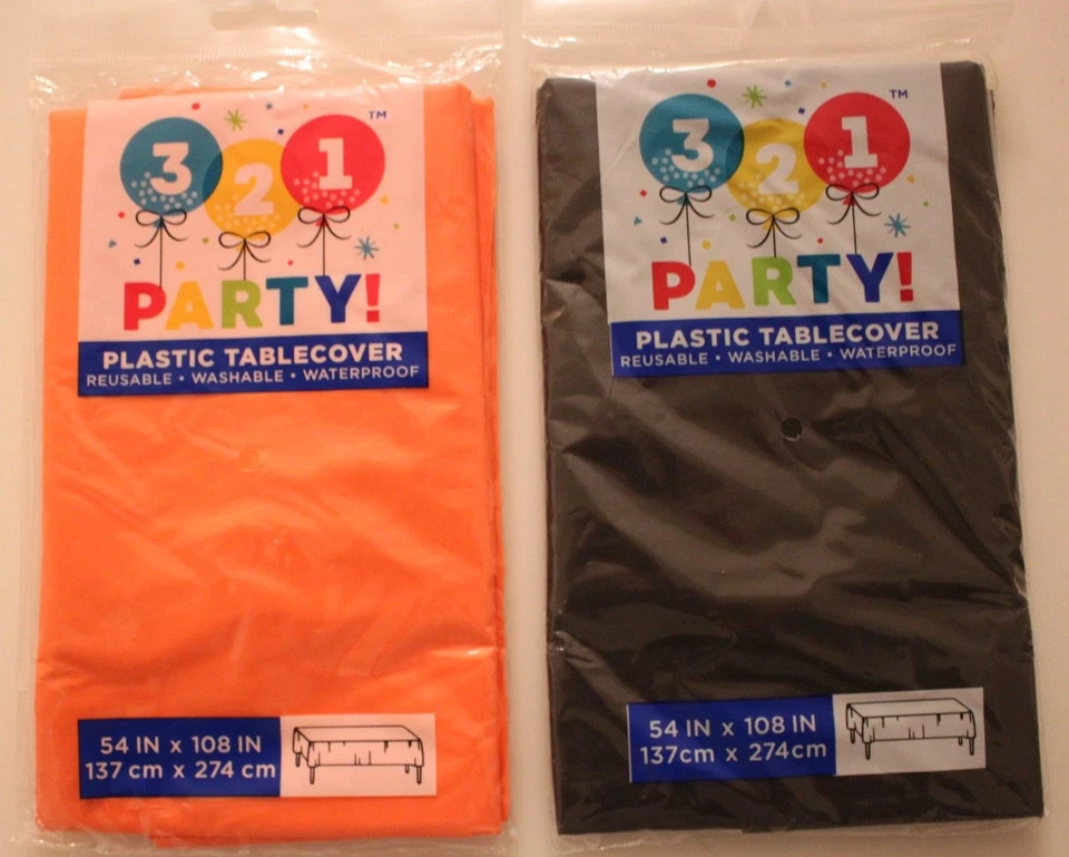 321 Party Plastic Tablecover 2 Pack 54 x 108 in Orange Black Reusable Waterproof - Image 1 of 1