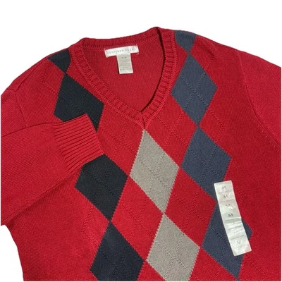 Suéter Geoffrey Beene Para Hombre M Tejido Cuello en V Rojo Argyle Diamante 100% Algodón Preppy Foto 1 de 4