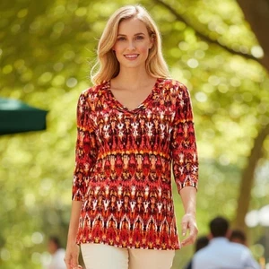 Nicole Miller New York Damen L Ikat Dance Print 3/4 Arm V-Ausschnitt Baumwolle Tunika - Bild 1 von 11