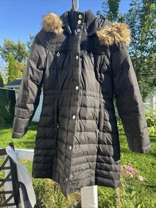 Donna Karan DKNY Down Puffer Long Coat Black Fur Lined Hooded Woman’s Small - Picture 1 of 12