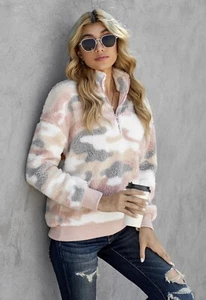 New Women Sherpa Long Sleeve Pullover Sweatshirt Soft 1/4 zip Size M (8/10) - Picture 1 of 2