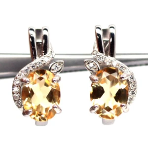 925 Sterling Silver 6 x 8 MM. Golden Yellow Citrine & White Zircon Earrings - Picture 1 of 4