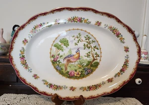 VINTAGE Royal Albert Chelsea Bird Maroon Oval Serving Platter - 13 5/8", England - Picture 1 of 9