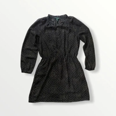 Lauren Ralph Lauren Womens Sheer Dress Black 8P Dot Long Sleeve V-Neck Fit&Flare - Image 1 of 4