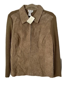 New $138 Coldwater Creek Women's 1X tan 💯Suede Cable sweater Jacket Full Zip i5 - Picture 1 of 7
