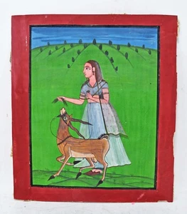 Vintage Eau Couleur Sur Papier Main Peinture Ethnique Femme Avec Renne Original - Picture 1 of 3