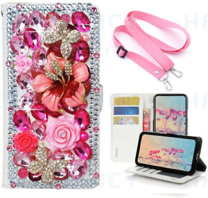 Girls' Women Bling Diamonds Case Wallet phone Cover & Crystal Crossbody Strap A