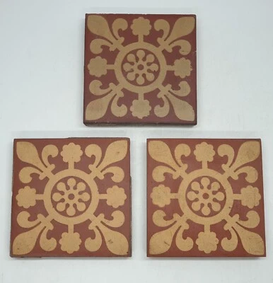 3 azulejos encáusticos rojos de 4" Arts & Crafts de Maw & Co C1890 Foto 1 de 4