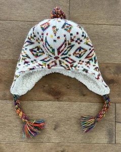 Lands' End Kids Size M-L Rainbow Snowflake Knit Pom Pom Peruvian Hat EUC - Picture 1 of 5