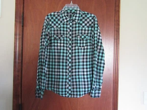 CRUEL WESTERN COWGIRL RODEO SPARKLING SILVER METALLIC PLAID PEARL SNAP SHIRT L - Picture 1 of 9
