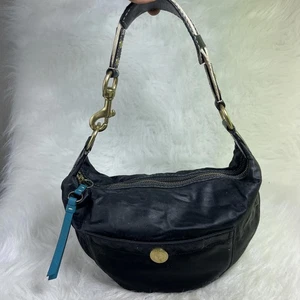 COACH SHOULDER HOBO BAG BRASS ZIPPED BLACK LEATHER TRIM - Picture 1 of 9