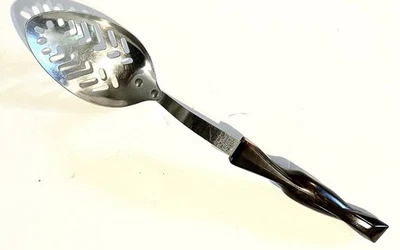 Vtg Cutco 1713 Slotted Serving Spoon 13” USA Stainless Brown Wood Swirl Handle - Image 1 of 4