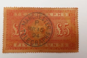 GB UK TELEGRAPHS MANCHESTER 1894 SOTN CANCEL FIVE POUNDS £5 ORANGE EXPERT SIGNED - Picture 1 of 2