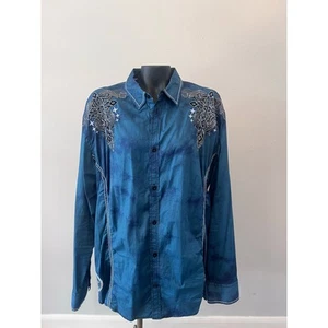 Roar Signature Button Down Shirt Mens 2XL Green L/S Embroidered Rock Y2K Tribal  - Picture 1 of 8