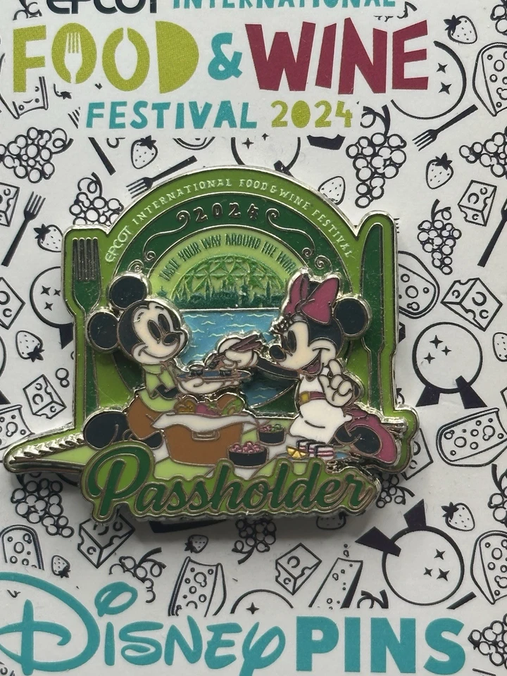 Prendedor Disney 2024 EPCOT porta pases de comida y vino Mickey Minnie Picnic LR AP exclusivo Foto 1 de 2