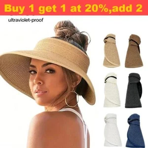 UPF 50Sun Visor Hat for Women Wide Brim Straw Roll Up Ponytail Summer Beach UV - Picture 1 of 26