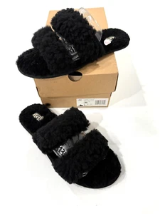 UGG Maxi Curly Scuffetta Slippers Sheepskin Fur Sandals Black Size 10 NEW Womens - Picture 1 of 6