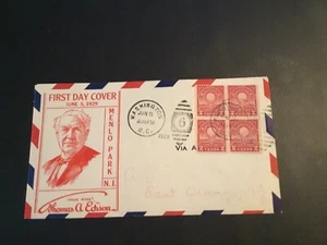 FDC 1929 #654-4 THOMAS A EDISON 2 Cent Block Cachet AIR MAIL USA - Picture 1 of 2