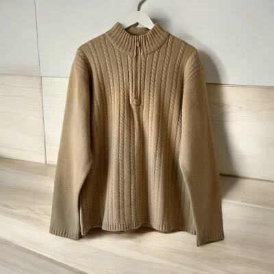 Suéter Sonoma Para Hombres 100% Lana de Cordero 1/4 Cremallera Tejido con Cable Cuello Alto Tostado Talla L Foto 1 de 4
