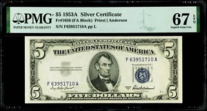 $5 1953A Silver Certificate Fr#1656 (FA Block)PMG 67 EPQ Superb Gem Uncirculated - Picture 1 of 3