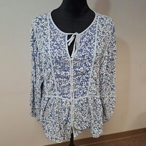 Old Navy Shirt Womens XXL Blue White Paisley Print Button Front Puff Sleeve 