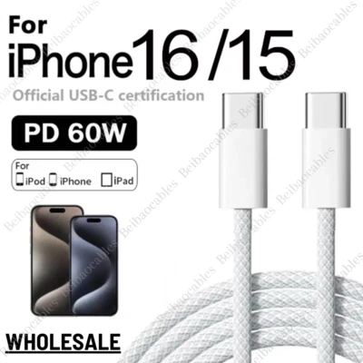 For iPhone 16 15 Pro USB-C to USB-C Cable Fast Charger Lot Type C Charging Cord - Image 1 of 4