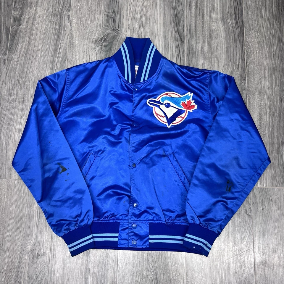 Chaqueta de satén vintage de los 90 Toronto Blue Jays mediana de arranque RARA ABOTONADA PARA HOMBRE Foto 1 de 4