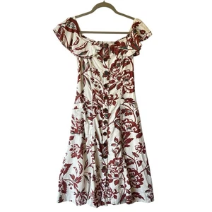 Abito Anthropologie Oahu 2 rosso misto lino spalle scoperte midi floreale donna - Foto 1 di 8
