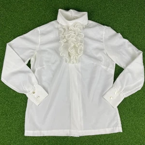 Vintage White Long Sleeve Button Back Preppy Silk Ruffle Blouse Sz L - Picture 1 of 8