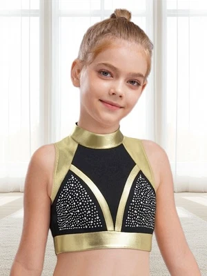 Girls Sleeveless Tank Vest Jazz Hip Hop Dancewear Sparkly Ballet Dance Crop Top - Image 1 of 4